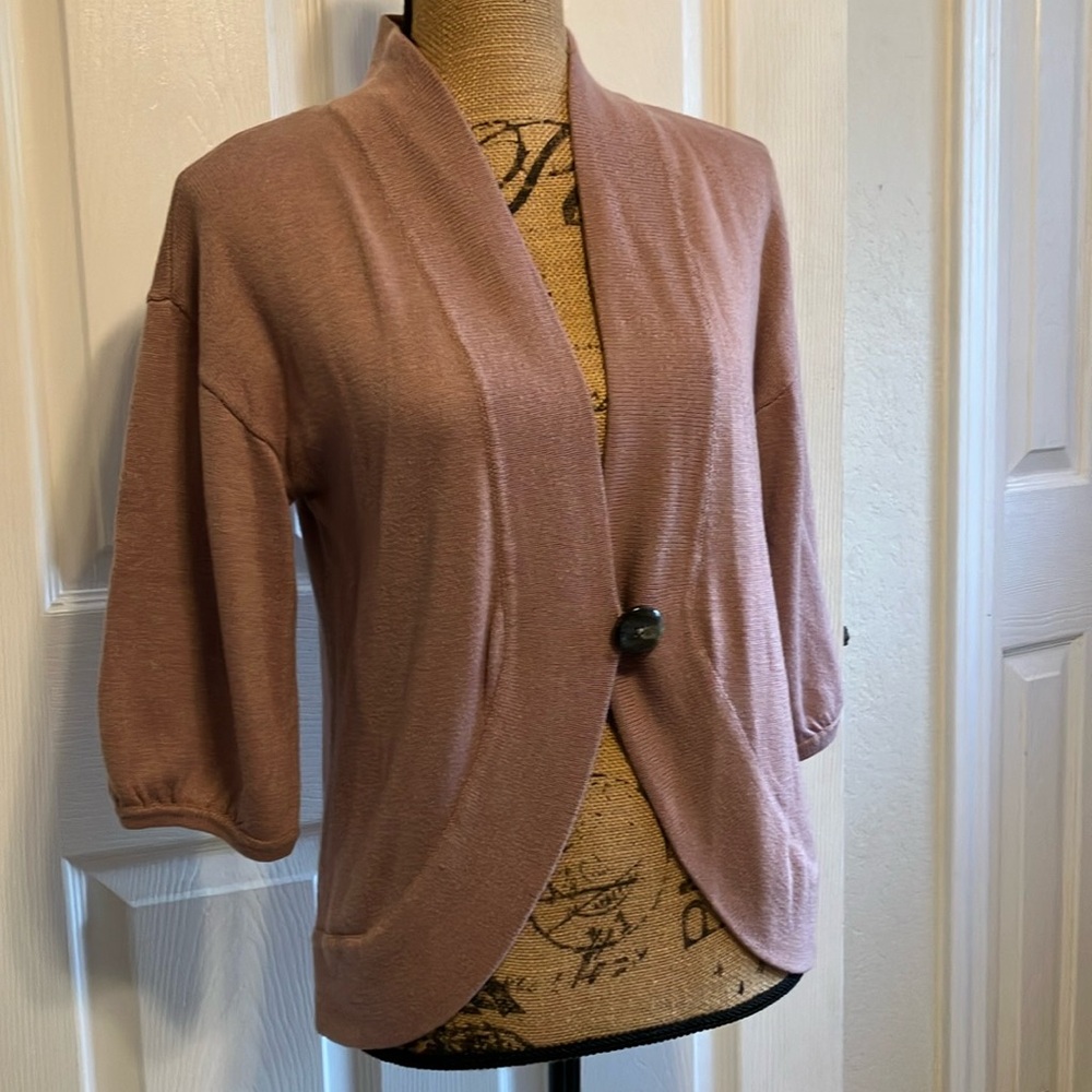 Ann Taylor Womens Cardigan Sweater Tan Knit 3/4 Sleeve Wool Blend One Button M